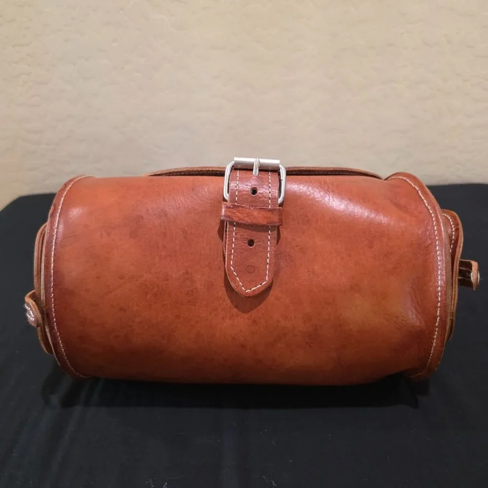 Vintage Handmade Hazelnut Brown Genuine Leather Barrel Purse Crossbody Bag